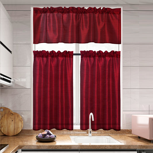 3 Pieces Faux Silk Sheer Curtains Solid Color Rod Pocket Drapes for Kitchen Bathroom,Set with 2 Tiers 26x36 inch Each and 1 Valance 52x14 inch