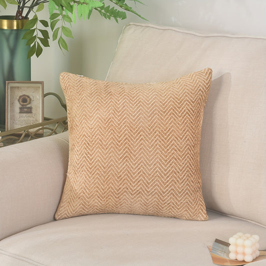 These 18x18 inch decorative pillow covers are Herringbone chenille gold, featuring a simple and elegant pattern that serves as the perfect accent for any room.