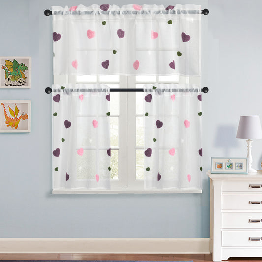 3D Love Embroidery Sheer Curtains Light Filtering Drapes, Rod Pocket Panels for bedroom, living room and kitchen