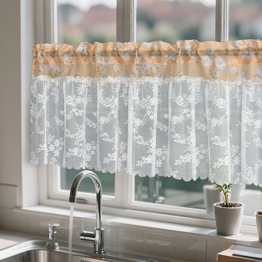 Two-Tone Floral Embroidered Sheer Curtain Panel with Patchwork Lace Trim, Cottage Core Style