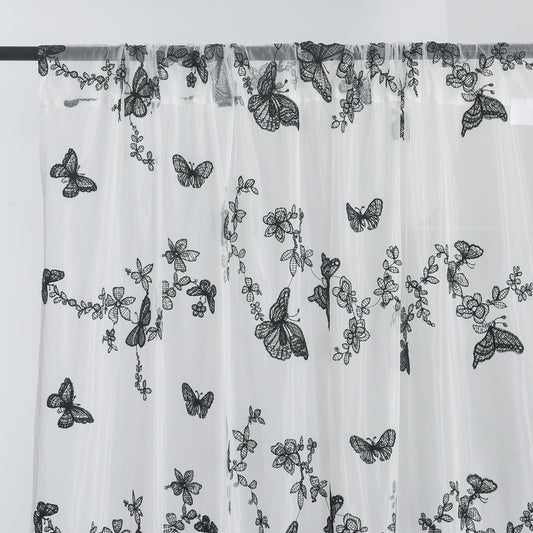 2 Panels Black Embroidered Butterfly Sheer Curtains for Bedroom, Sunlight Filtering Rod pocket Drapes