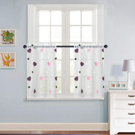 3D Love Embroidery Sheer Curtains Light Filtering Drapes, Rod Pocket Panels for bedroom, living room and kitchen