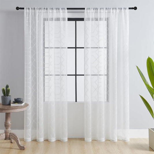 Embroidered Diamond Pattern Sheer Curtains 2 Panels Semi Voile Set with Rod Pocket for Living Room & Bedroom
