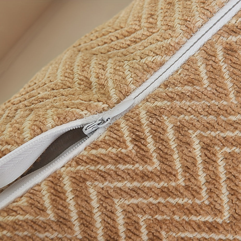 These 18x18 inch decorative pillow covers are Herringbone chenille gold, featuring a simple and elegant pattern that serves as the perfect accent for any room.