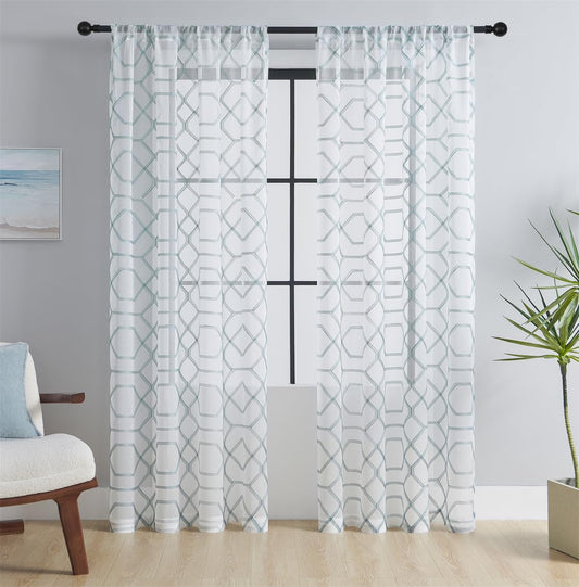 Embroidered Diamond Pattern Sheer Curtains 2 Panels Semi Voile Set with Rod Pocket for Living Room & Bedroom