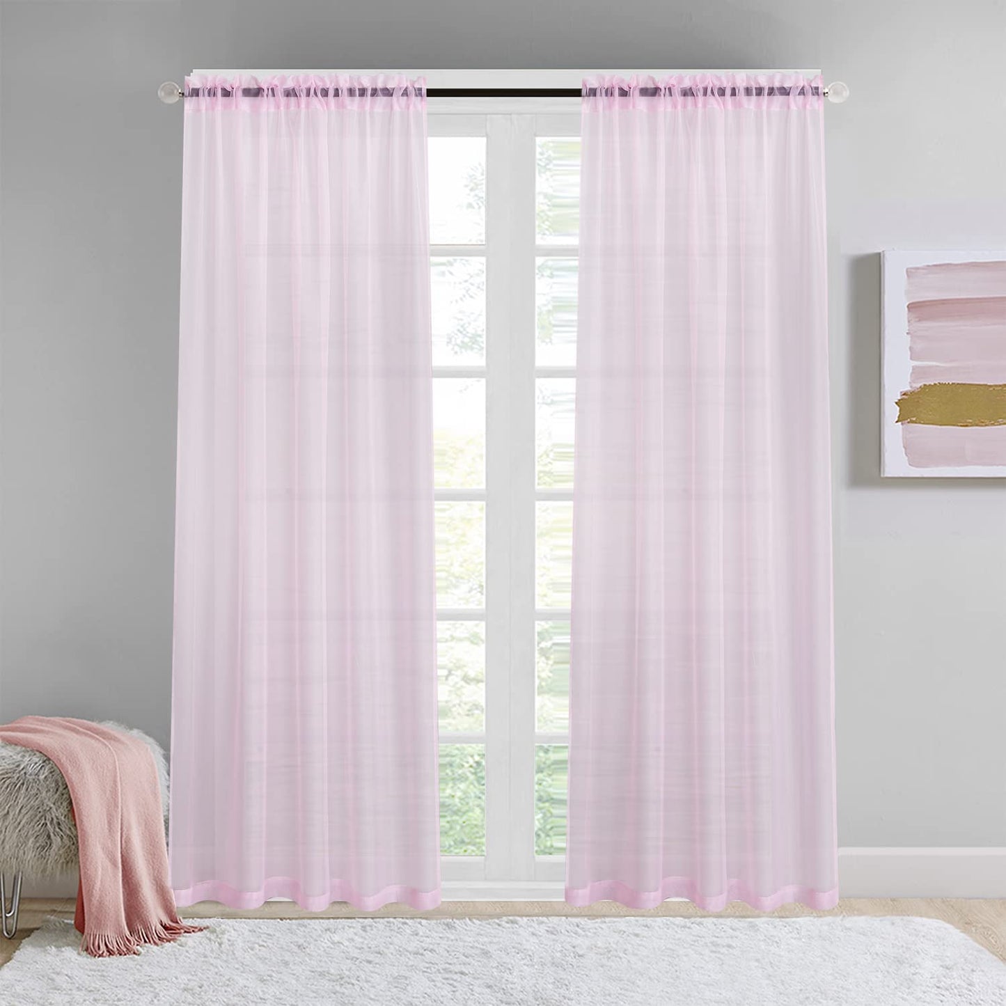 Rod Pocket Sheer Voile Curtain, Sunlight Filtering Protect Privacy Sheer for Bedroom Patio Door Set of 2 Panels