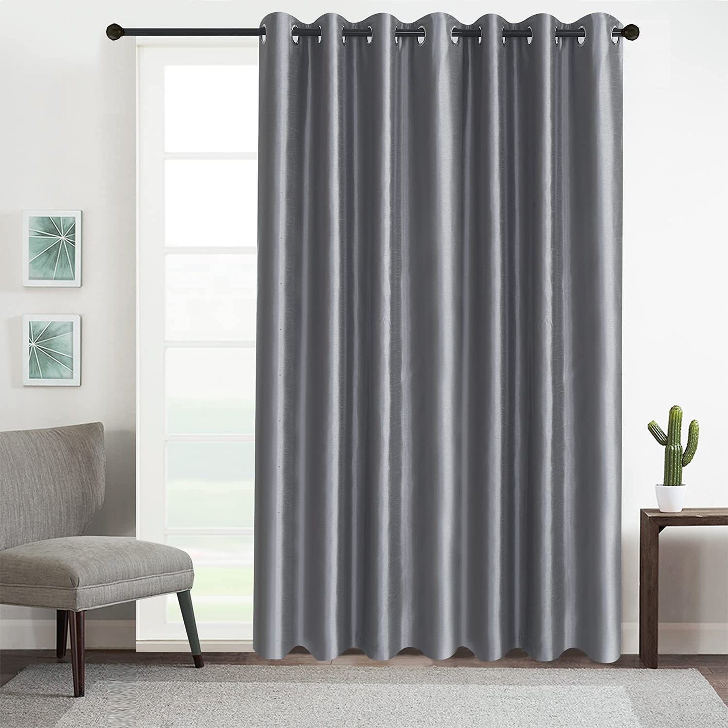 Faux Silk Extra Wide Blackout Curtains,Fully Beige Lined Solid Color Window Treatment Drapes For Patio Door,1 Panel