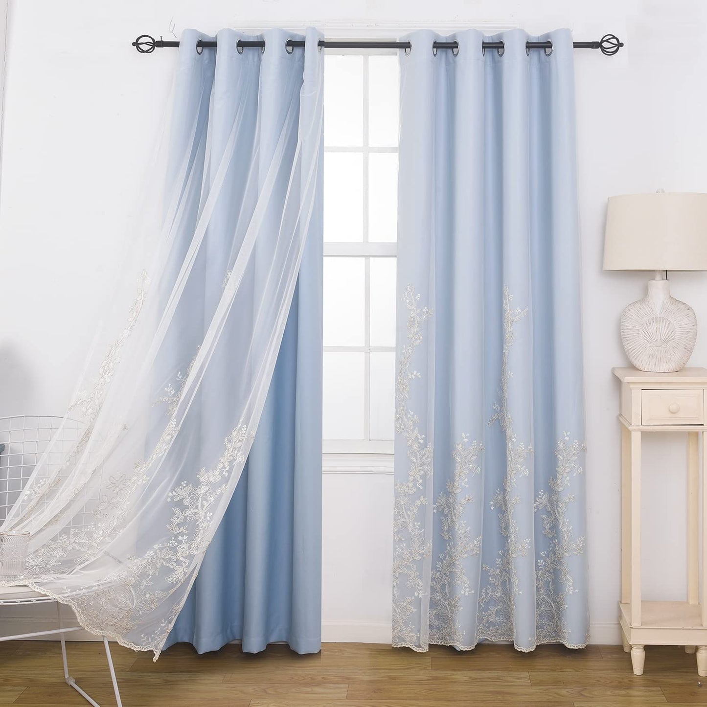 Double Layer Curtains With Embroiered Sheer Voile Room Darkening Grommet Top Drapes for Girls