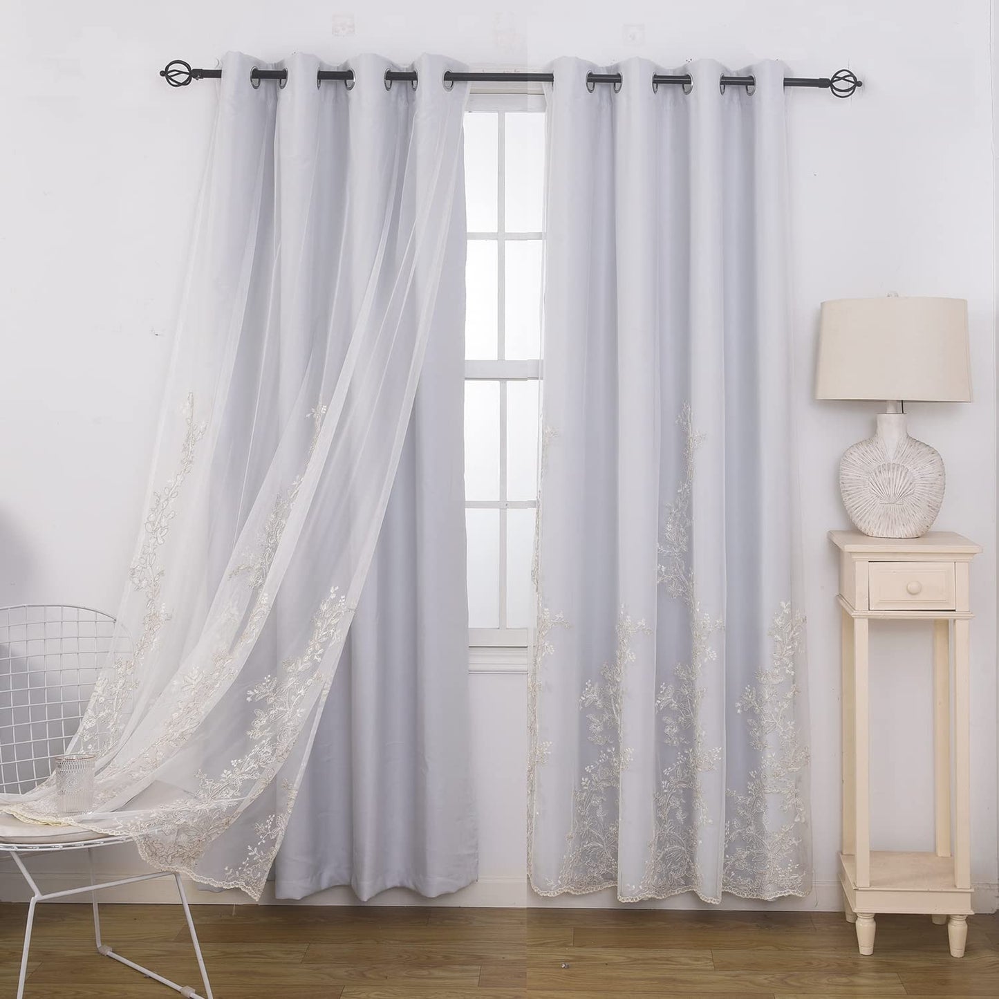 Double Layer Curtains With Embroiered Sheer Voile Room Darkening Grommet Top Drapes for Girls