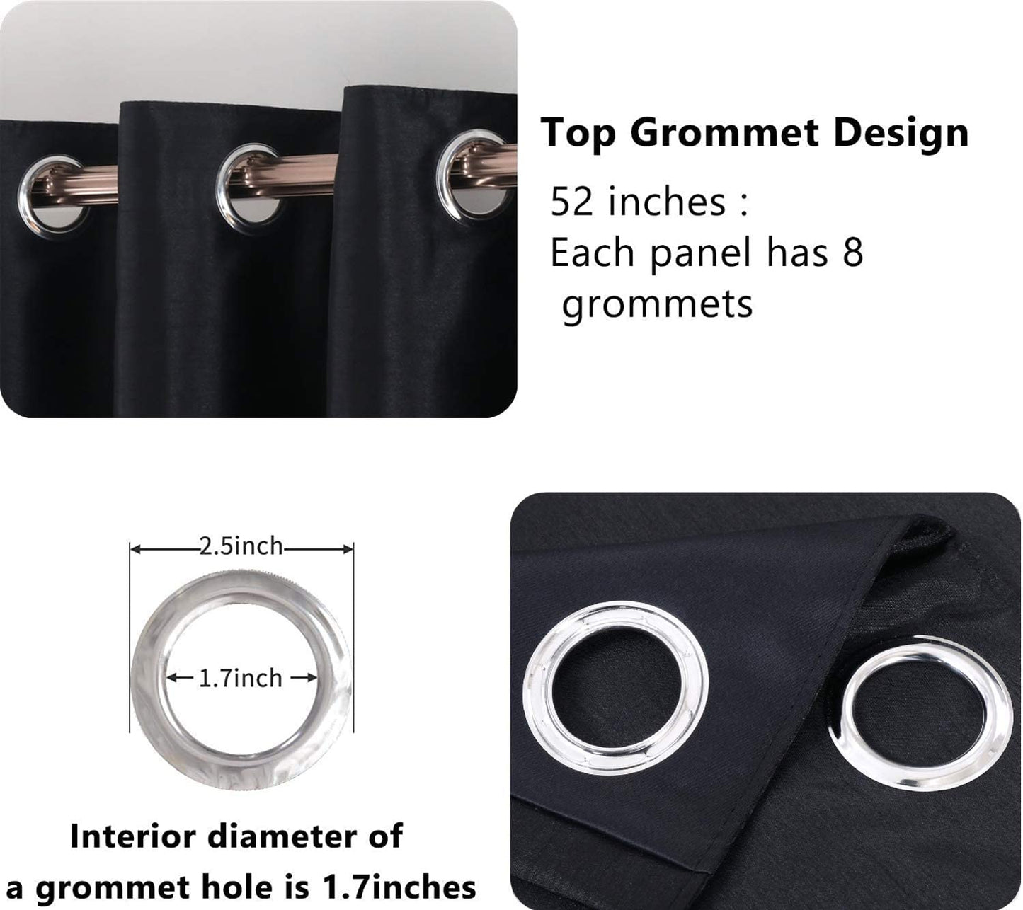 Black Faux Silk Blackout Curtains,Fully Lined Solid Color Window Treatment Drapes