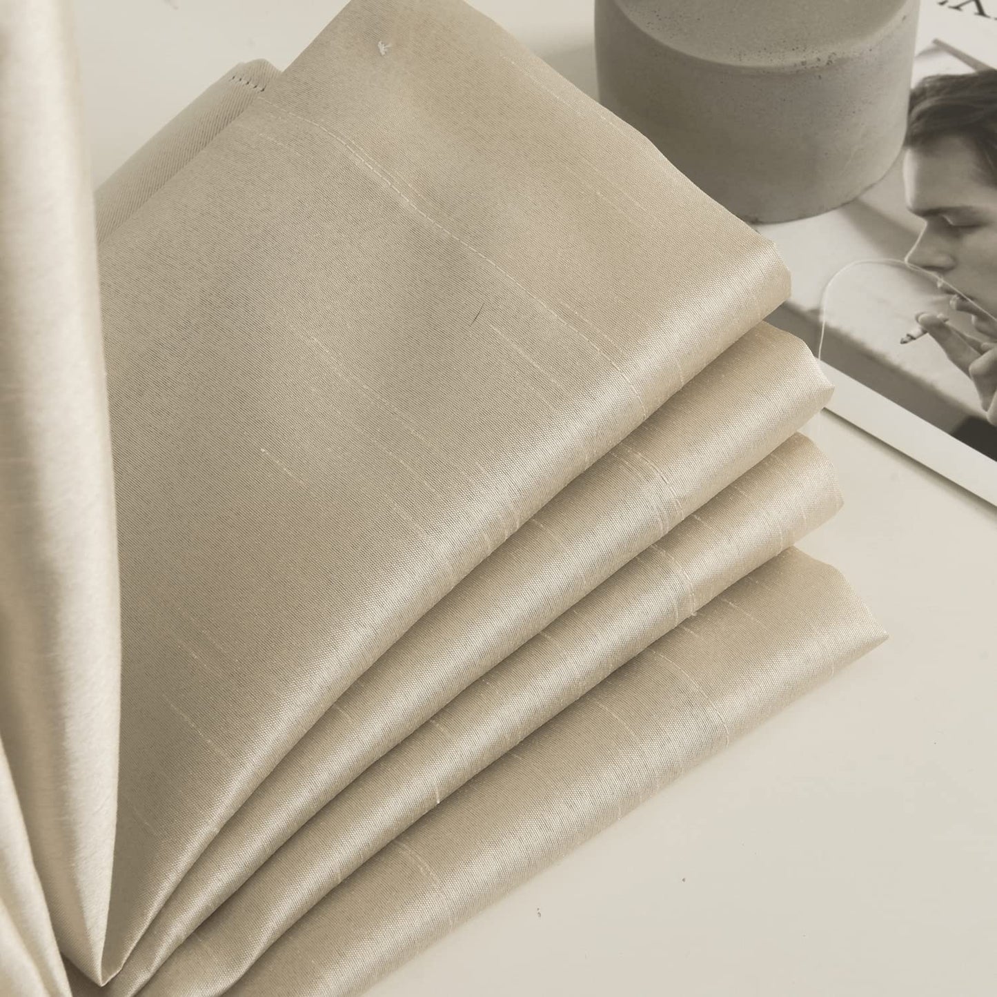 Light Gold Faux Silk Room-Darkening Blackout Curtains with Beige Liner(Sold By Pair)