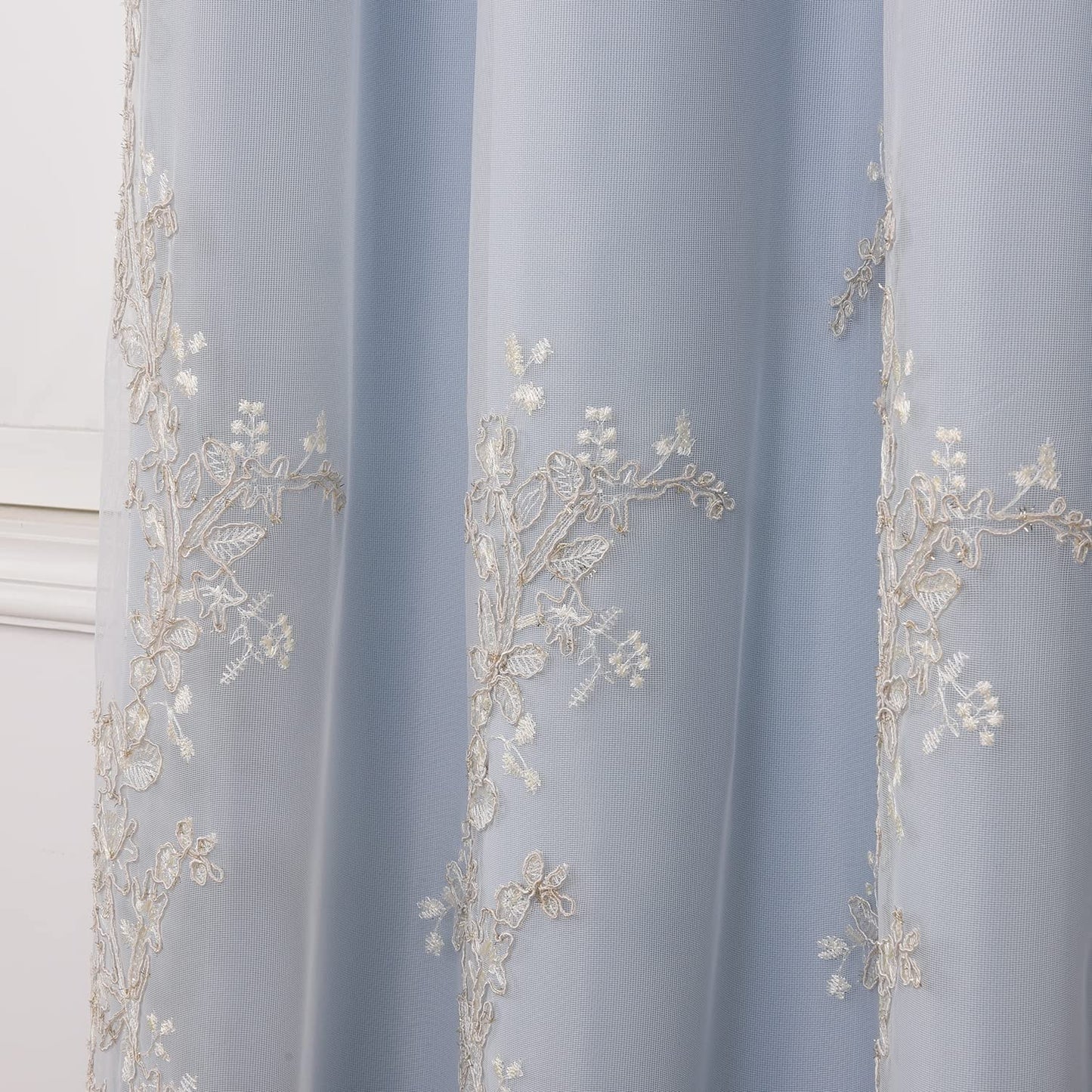 Double Layer Curtains With Embroiered Sheer Voile Room Darkening Grommet Top Drapes for Girls