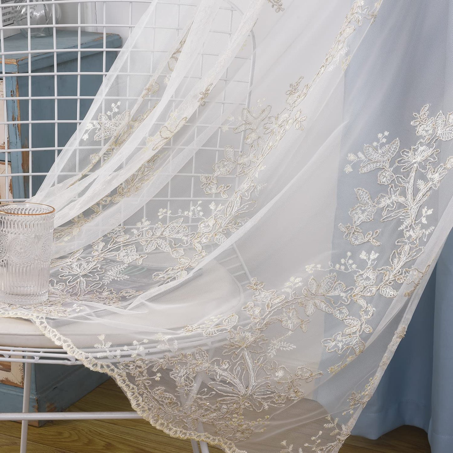 Double Layer Curtains With Embroiered Sheer Voile Room Darkening Grommet Top Drapes for Girls