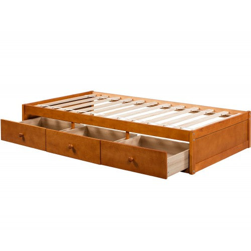 Gyrohomestore Oak Platform Twin Size Bed with 3 Drawers Storage