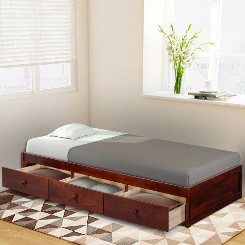 Gyrohomestore Oak Platform Twin Size Bed with 3 Drawers Storage