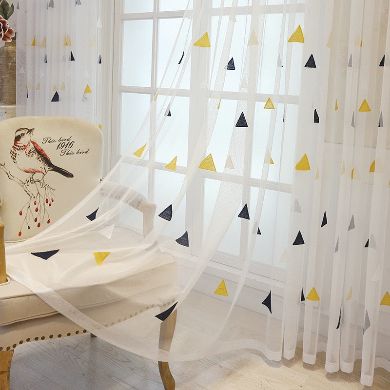 Sheer Voile Curtains with Blue and Yellow Triangular Embroidery