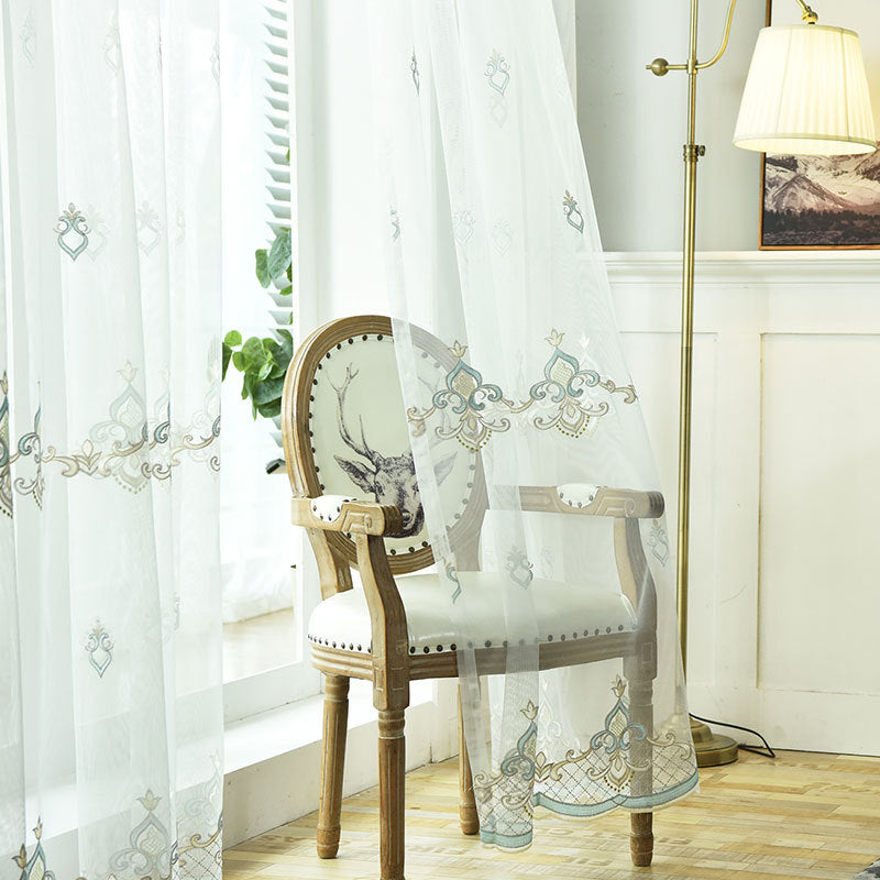 Sheer Voile Curtains with Golden Flower Pattern Embroidery