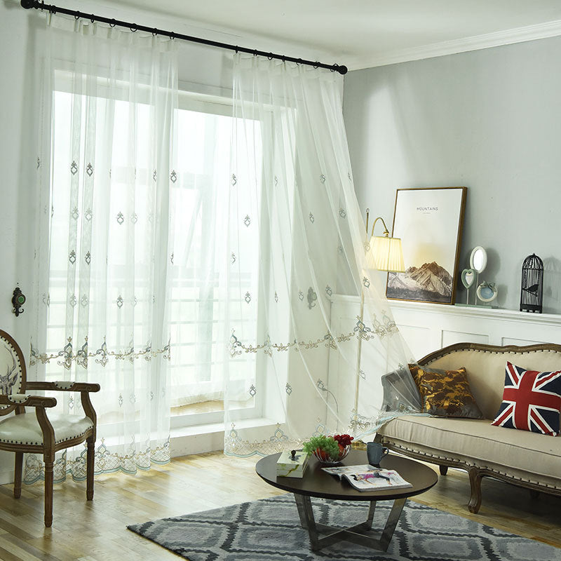 Sheer Voile Curtains with Golden Flower Pattern Embroidery