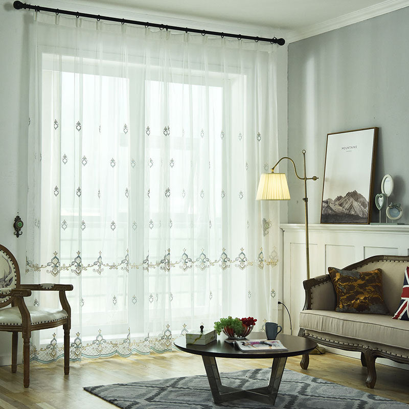 Sheer Voile Curtains with Golden Flower Pattern Embroidery
