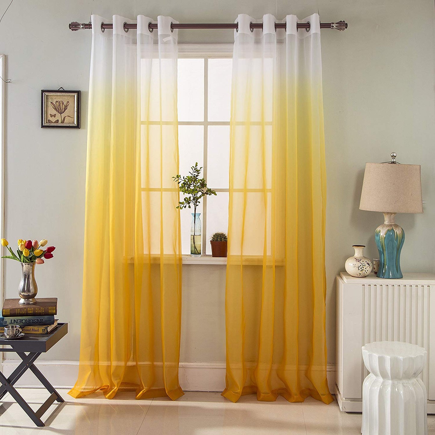 Gyrohomestore Blue Gradient Grommet Voile Sheer Curtains