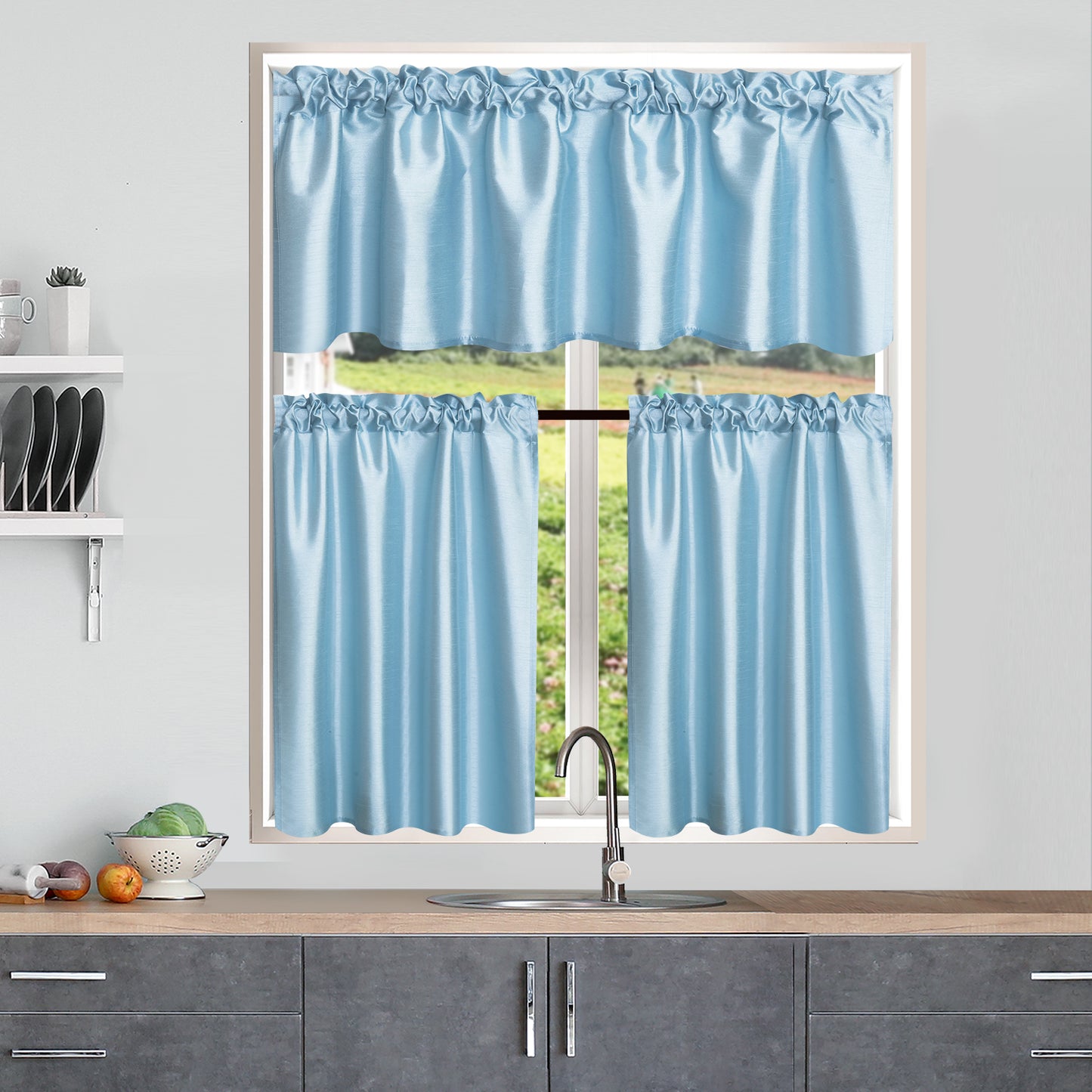 3 Pieces Faux Silk Sheer Curtains Solid Color Rod Pocket Drapes for Kitchen Bathroom，Set with 2 Tiers 26x36 inch Each and 1 Valance 52x14 inch