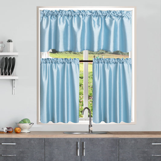 3 Pieces Faux Silk Sheer Curtains Solid Color Rod Pocket Drapes for Kitchen Bathroom，Set with 2 Tiers 26x36 inch Each and 1 Valance 52x14 inch