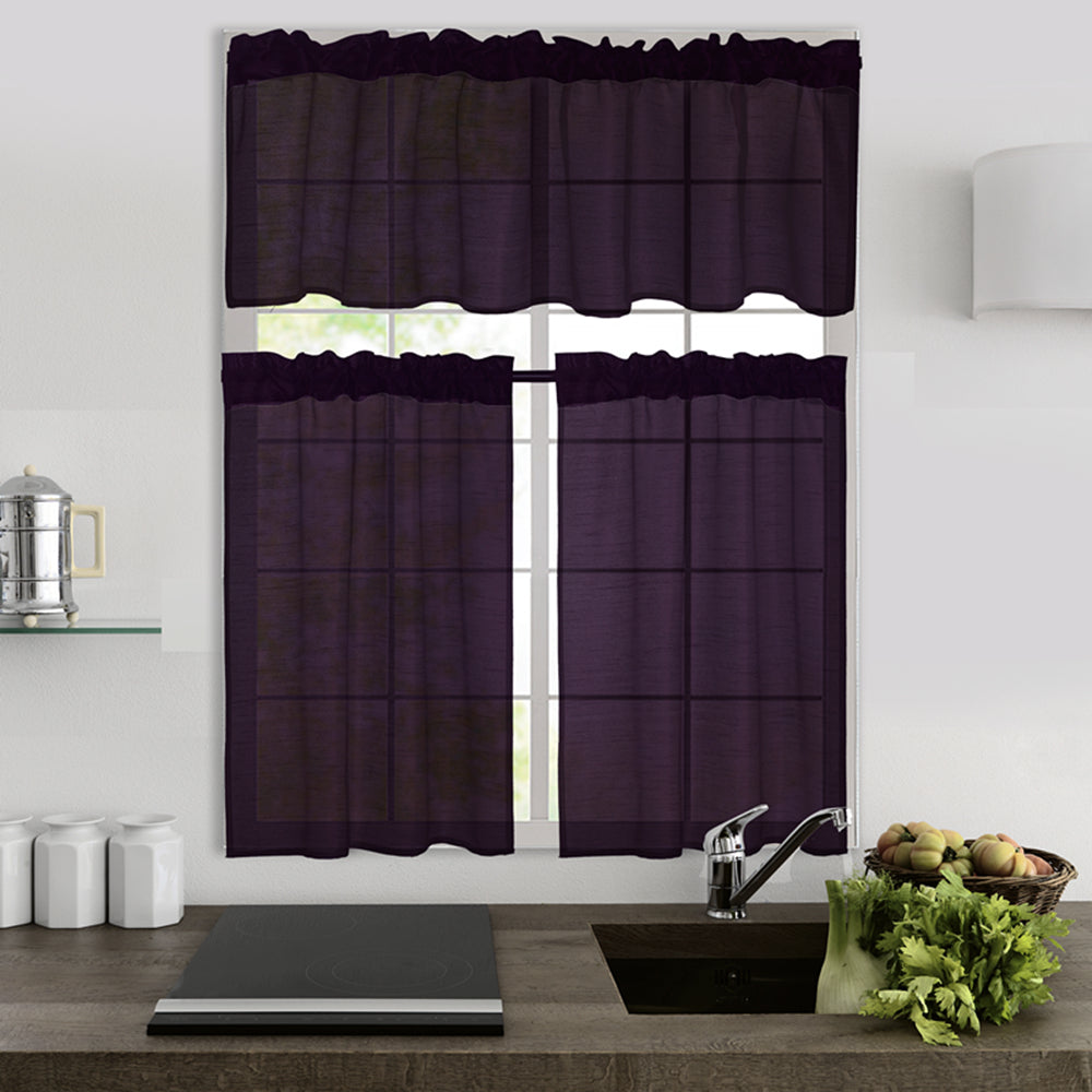 3 Pieces Faux Silk Sheer Curtains Solid Color Rod Pocket Drapes for Kitchen Bathroom，Set with 2 Tiers 26x36 inch Each and 1 Valance 52x14 inch