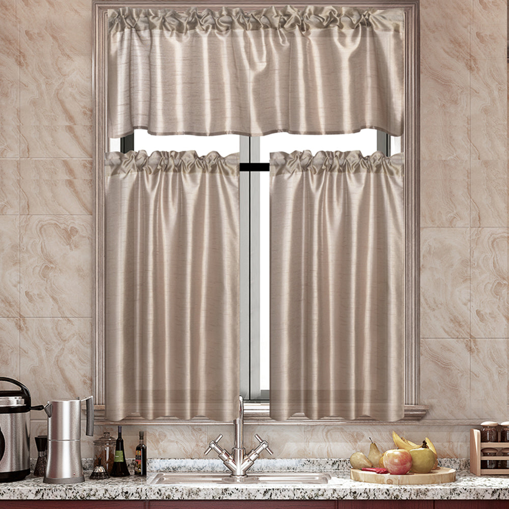 3 Pieces Faux Silk Sheer Curtains Solid Color Rod Pocket Drapes for Kitchen Bathroom，Set with 2 Tiers 26x36 inch Each and 1 Valance 52x14 inch