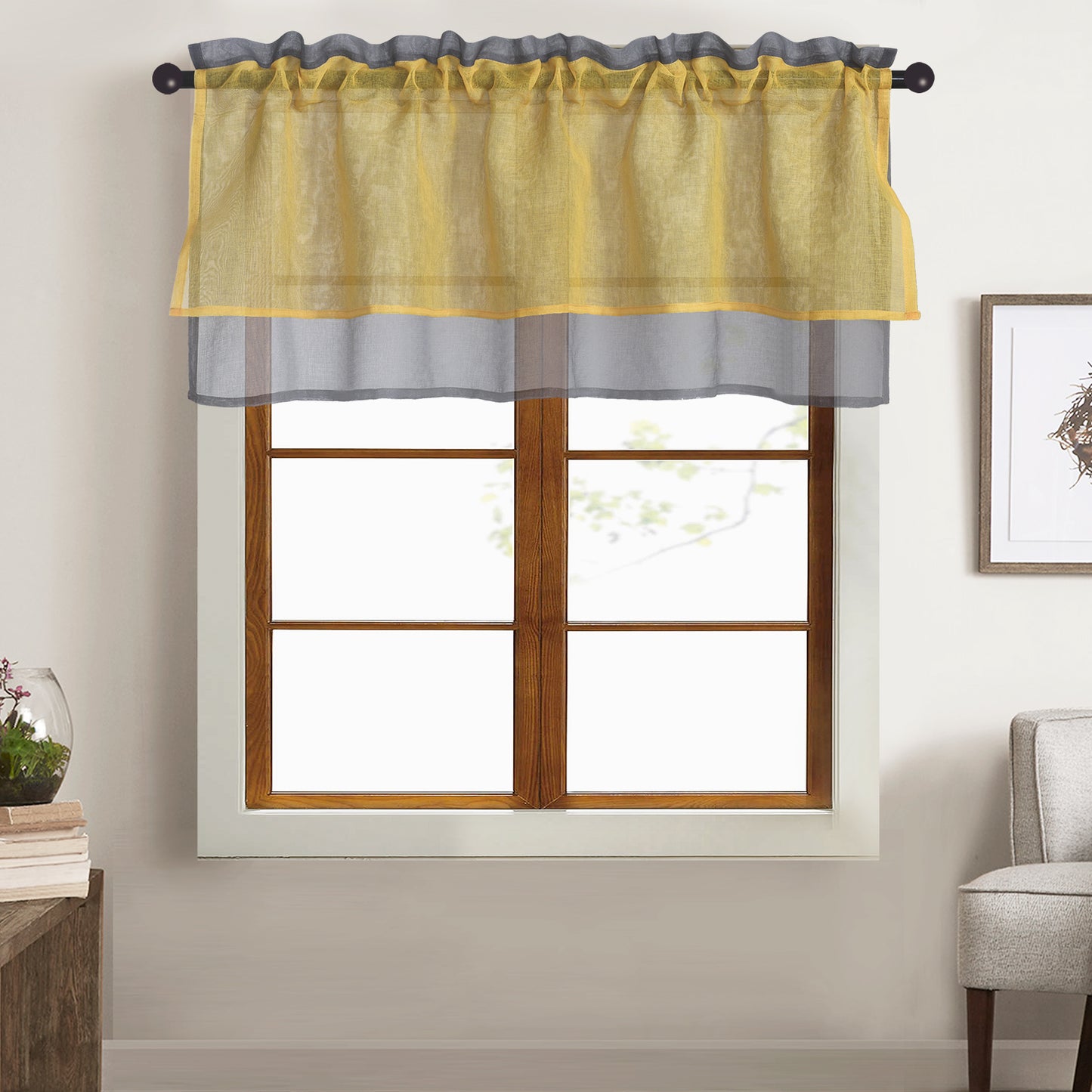 Yellow and Grey Colorblock Sheer Curtain Valance, Single Panel for Kitchen or Bedroom