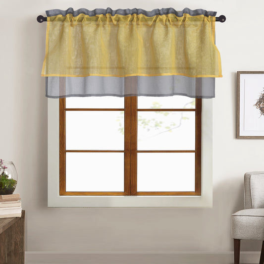 Yellow and Grey Colorblock Sheer Curtain Valance, Single Panel for Kitchen or Bedroom