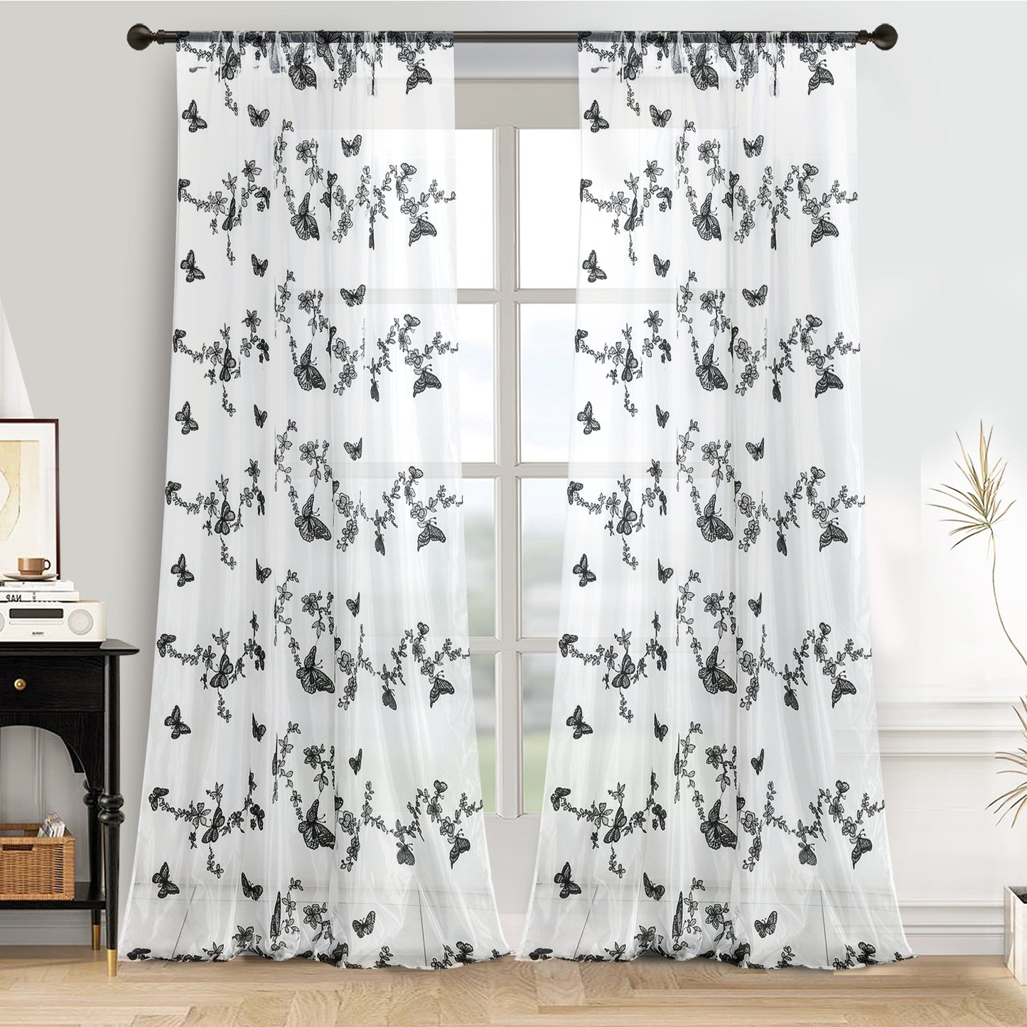 2 Panels Black Embroidered Butterfly Sheer Curtains for Bedroom, Sunlight Filtering Rod pocket Drapes