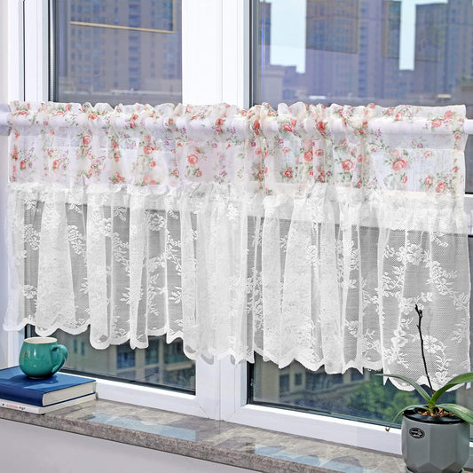 White Floral and Rose Embroidered Sheer Curtain Panel - Cottage Core Style with Decorative Border
