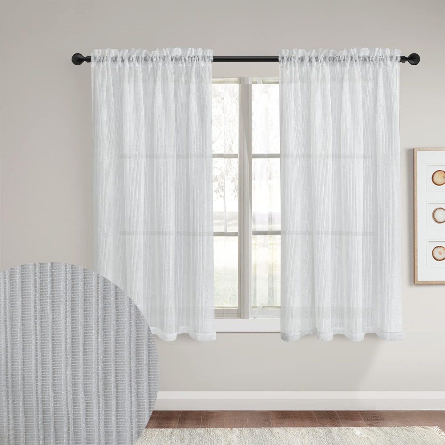 2 Panels White Stripe Sheer Curtains, Sunlight Filtering Protect Privacy for Living Room Bedroom Patio Door