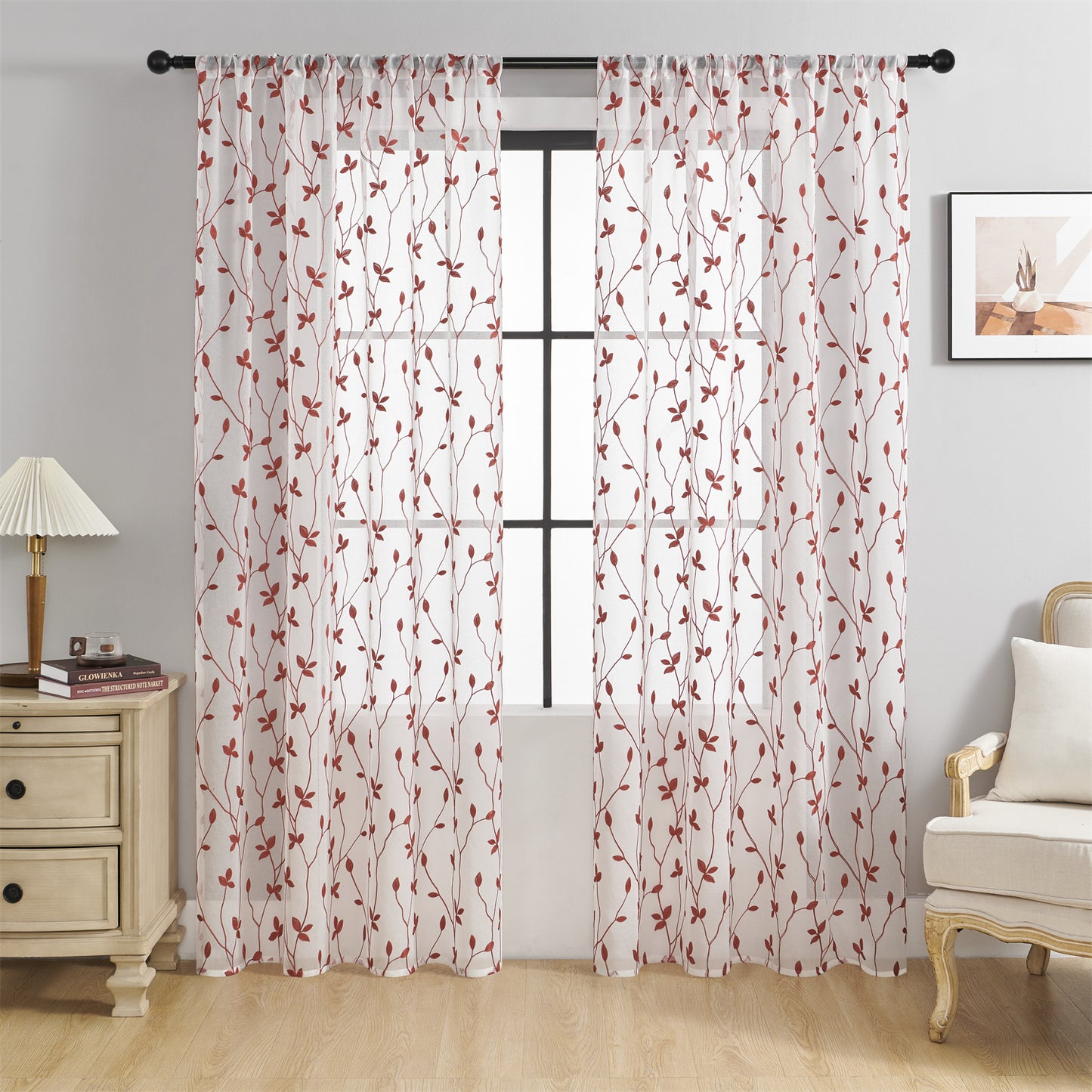 Embroidered Leaf Pattern Sheer Curtains - 2 Panels Semi-Sheer Set with Rod Pocket for Living Room & Bedroom