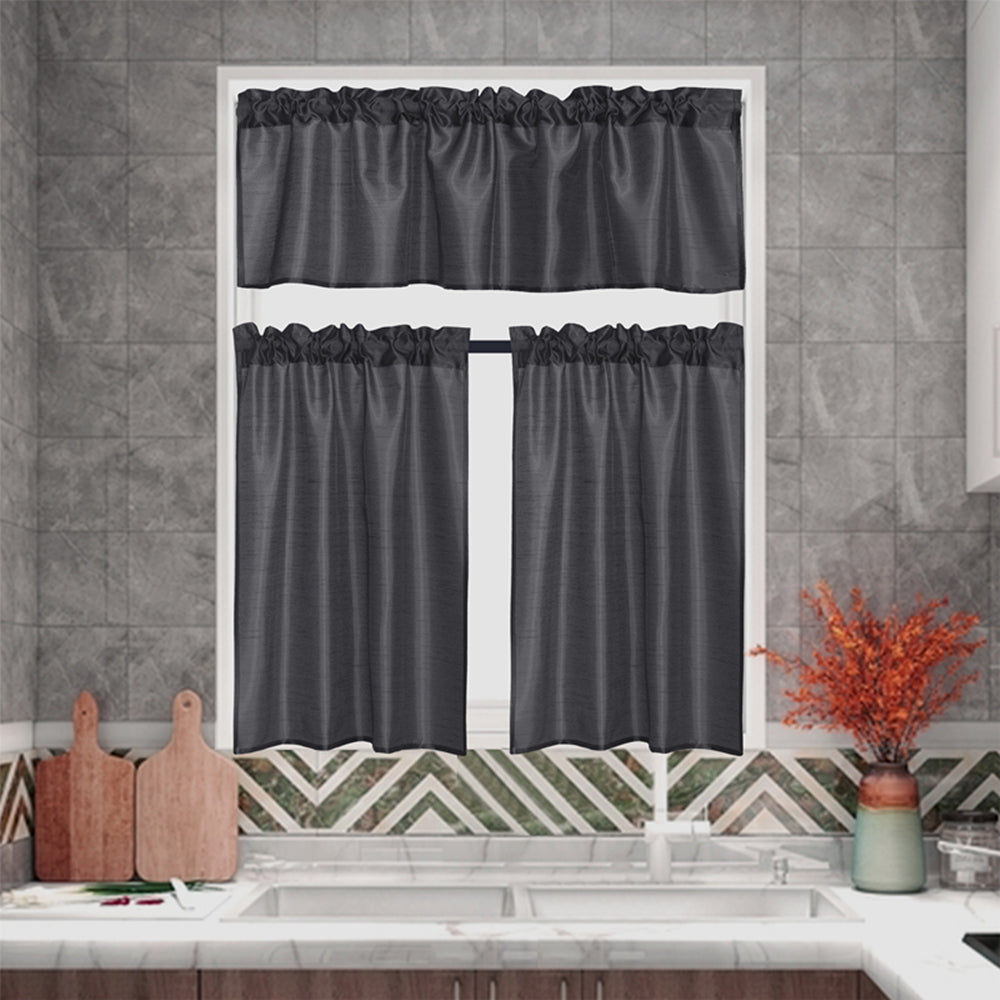 3 Pieces Faux Silk Sheer Curtains Solid Color Rod Pocket Drapes for Kitchen Bathroom，Set with 2 Tiers 26x36 inch Each and 1 Valance 52x14 inch