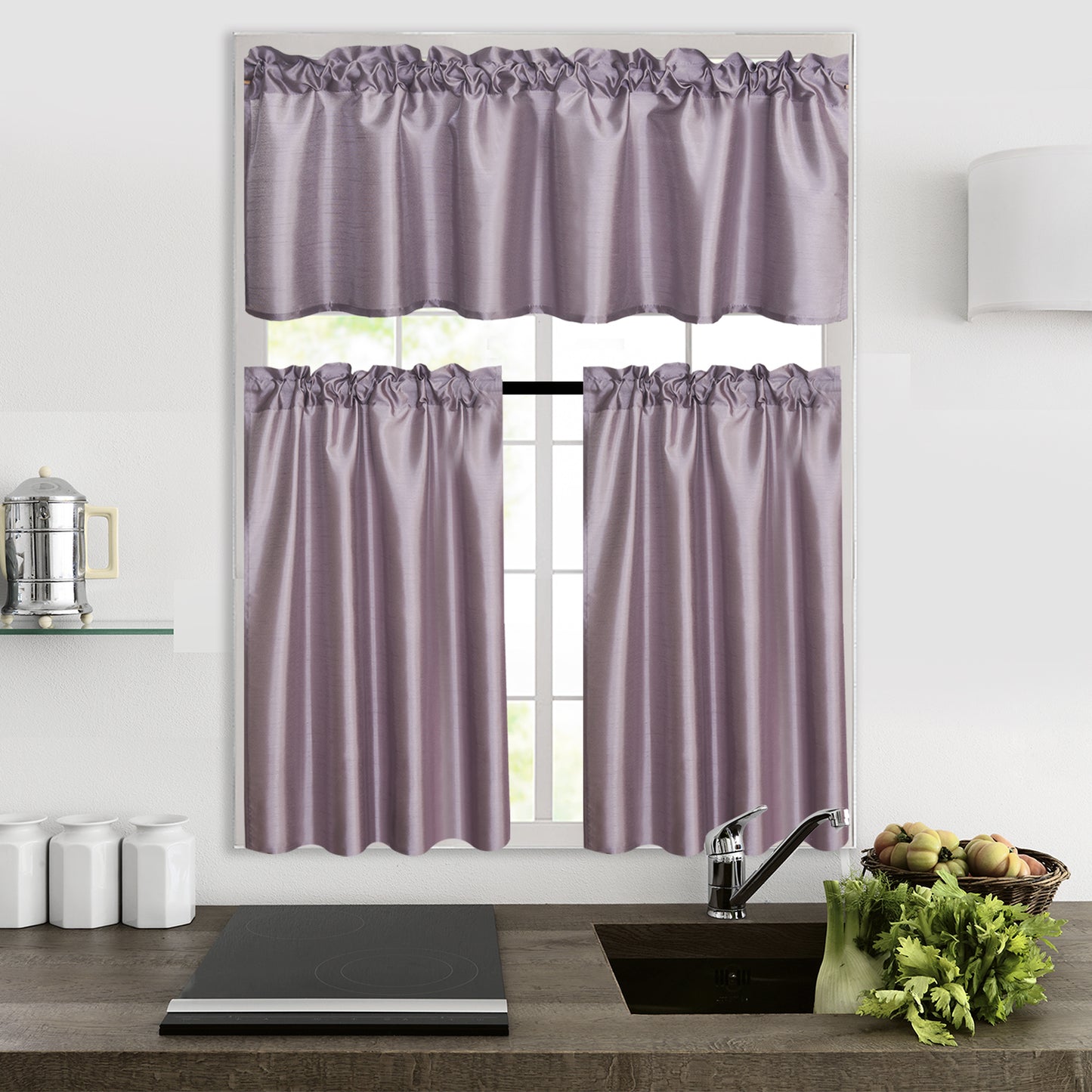 3 Pieces Faux Silk Sheer Curtains Solid Color Rod Pocket Drapes for Kitchen Bathroom，Set with 2 Tiers 26x36 inch Each and 1 Valance 52x14 inch