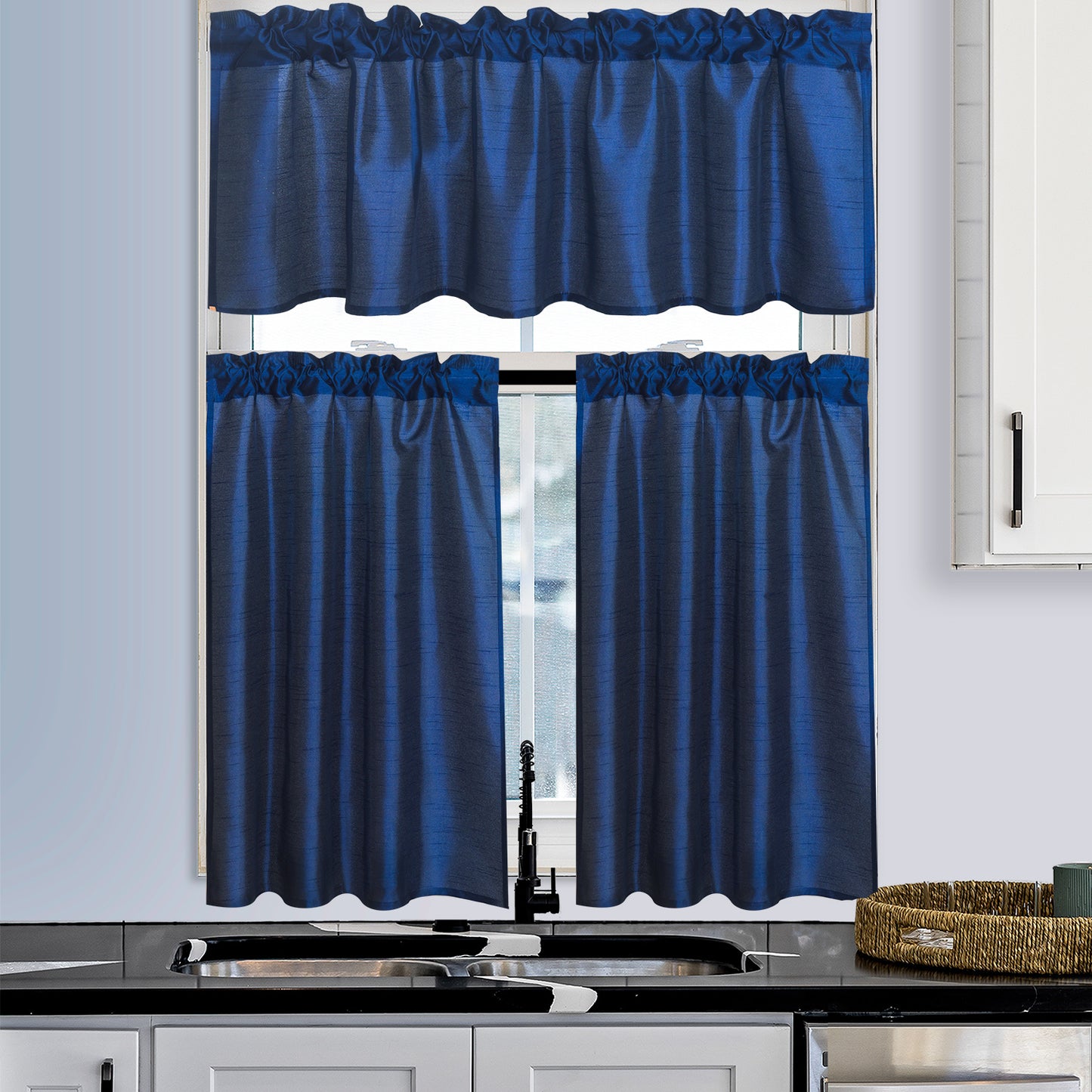 3 Pieces Faux Silk Sheer Curtains Solid Color Rod Pocket Drapes for Kitchen Bathroom，Set with 2 Tiers 26x36 inch Each and 1 Valance 52x14 inch