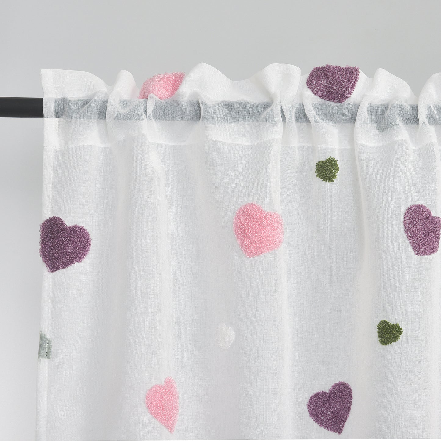 3D Love Embroidery Sheer Curtains Light Filtering Drapes, Rod Pocket Panels for bedroom, living room and kitchen