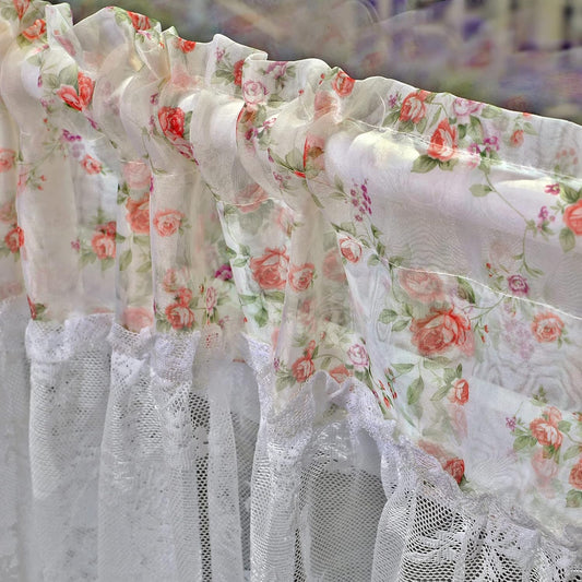 White Floral and Rose Embroidered Sheer Curtain Panel - Cottage Core Style with Decorative Border