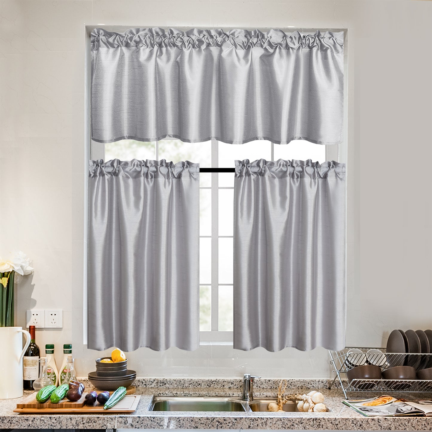 3 Pieces Faux Silk Sheer Curtains Solid Color Rod Pocket Drapes for Kitchen Bathroom，Set with 2 Tiers 26x36 inch Each and 1 Valance 52x14 inch