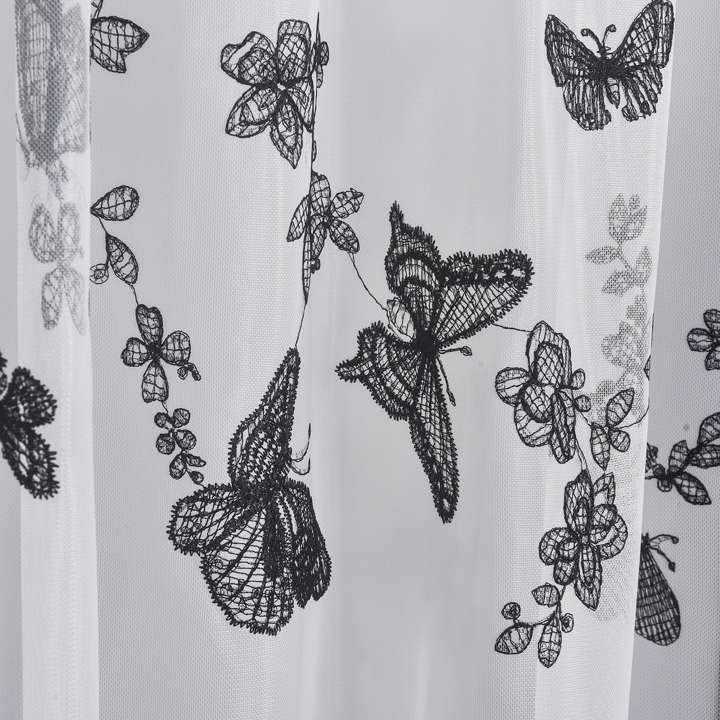 2 Panels Black Embroidered Butterfly Sheer Curtains for Bedroom, Sunlight Filtering Rod pocket Drapes