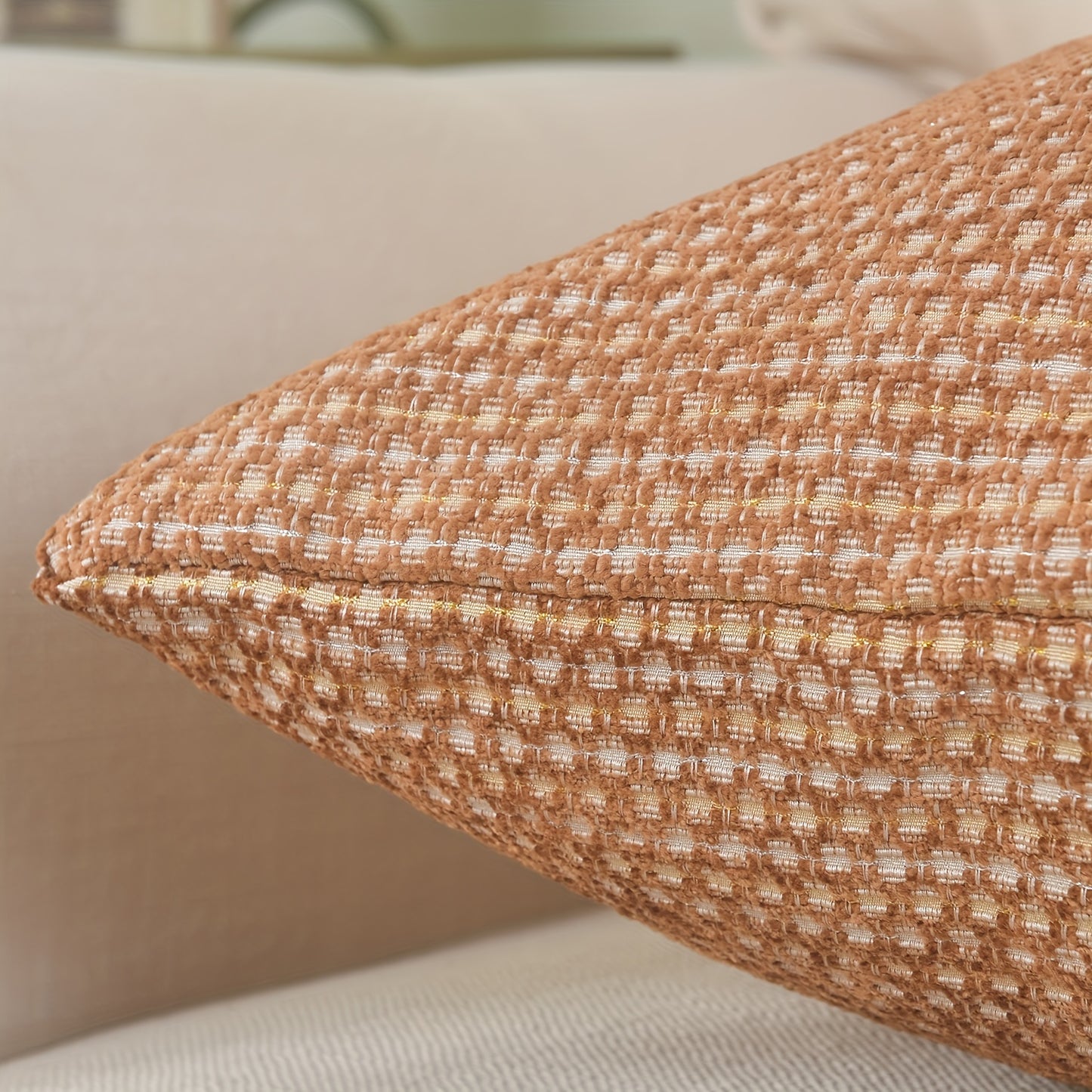Dotted chenille fabric, gold，offers a set of two decorative throw pillow covers featuring Simple and elegant dot pattern design. These cushion covers measure 18 by 18 inches, providing a perfect accent for your living space.