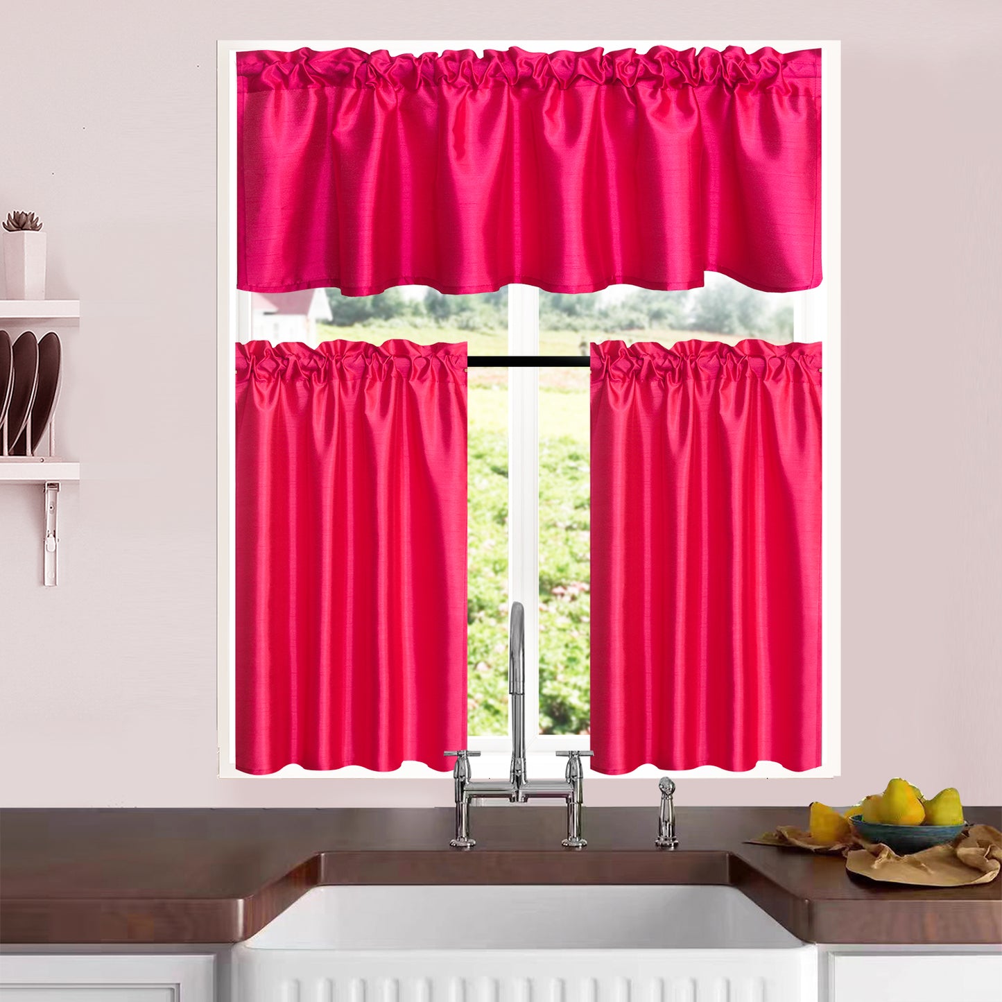 3 Pieces Faux Silk Sheer Curtains Solid Color Rod Pocket Drapes for Kitchen Bathroom，Set with 2 Tiers 26x36 inch Each and 1 Valance 52x14 inch