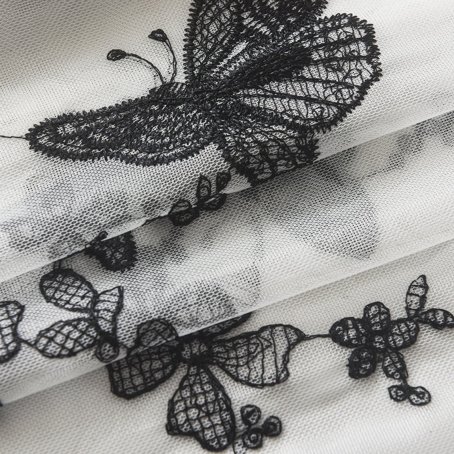 2 Panels Black Embroidered Butterfly Sheer Curtains for Bedroom, Sunlight Filtering Rod pocket Drapes