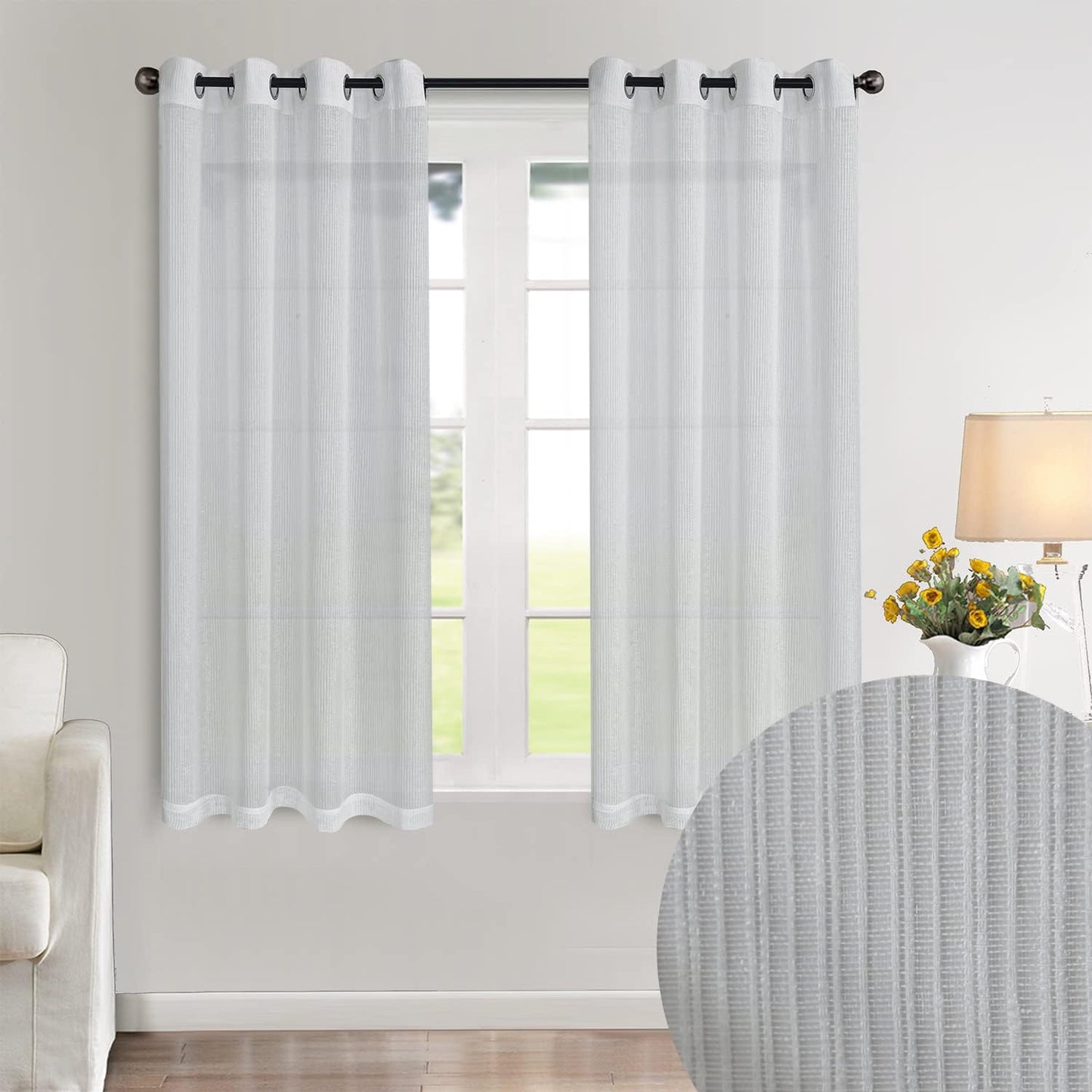 2 Panels White Stripe Sheer Curtains, Sunlight Filtering Protect Privacy for Living Room Bedroom Patio Door