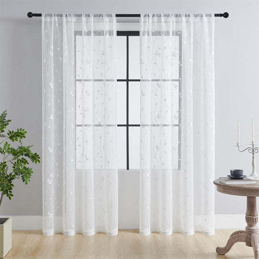 Embroidered Leaf Pattern Sheer Curtains - 2 Panels Semi-Sheer Set with Rod Pocket for Living Room & Bedroom