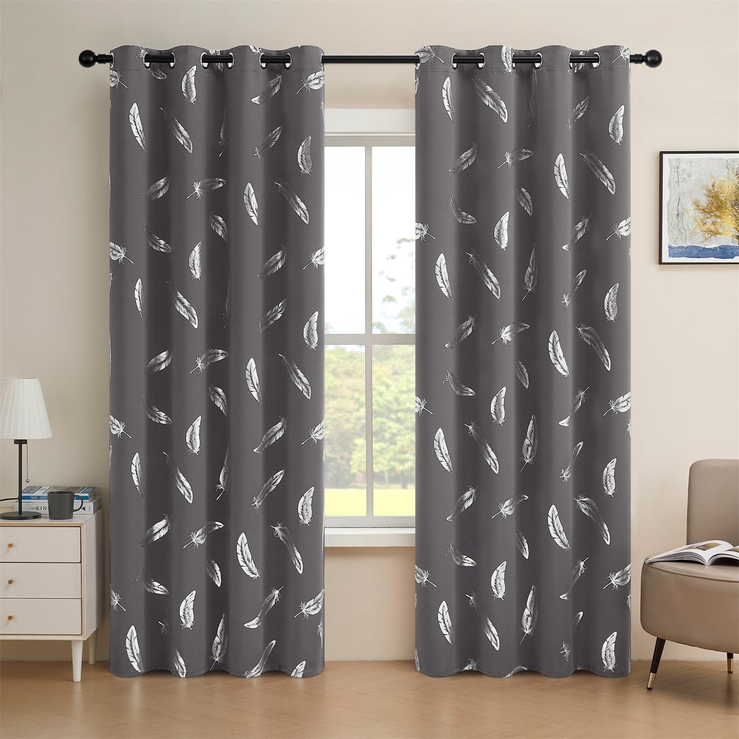 Feather Room Darkening Curtains 2 Panels Set - Thermal Insulated Drapes with Grommet Top for Bedroom