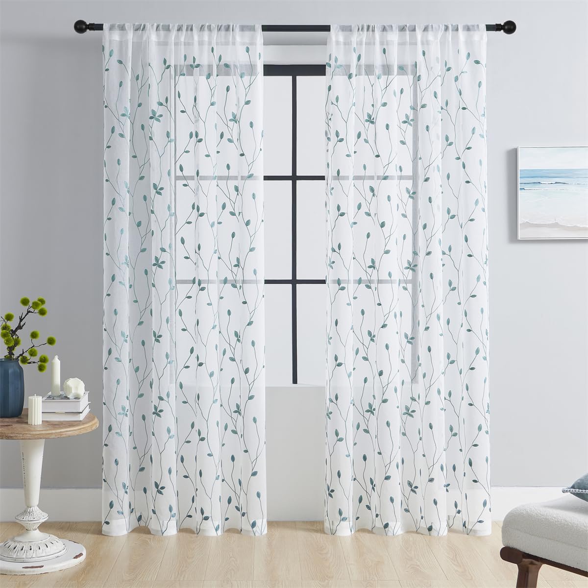 Embroidered Leaf Pattern Sheer Curtains - 2 Panels Semi-Sheer Set with Rod Pocket for Living Room & Bedroom