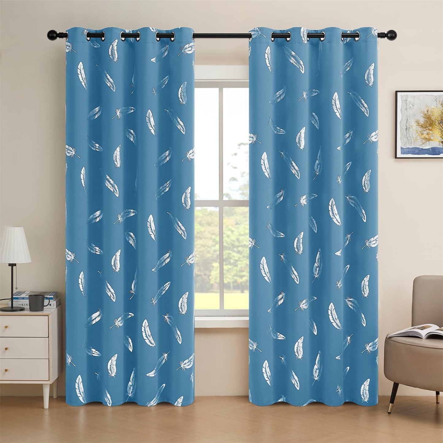 Feather Room Darkening Curtains 2 Panels Set - Thermal Insulated Drapes with Grommet Top for Bedroom