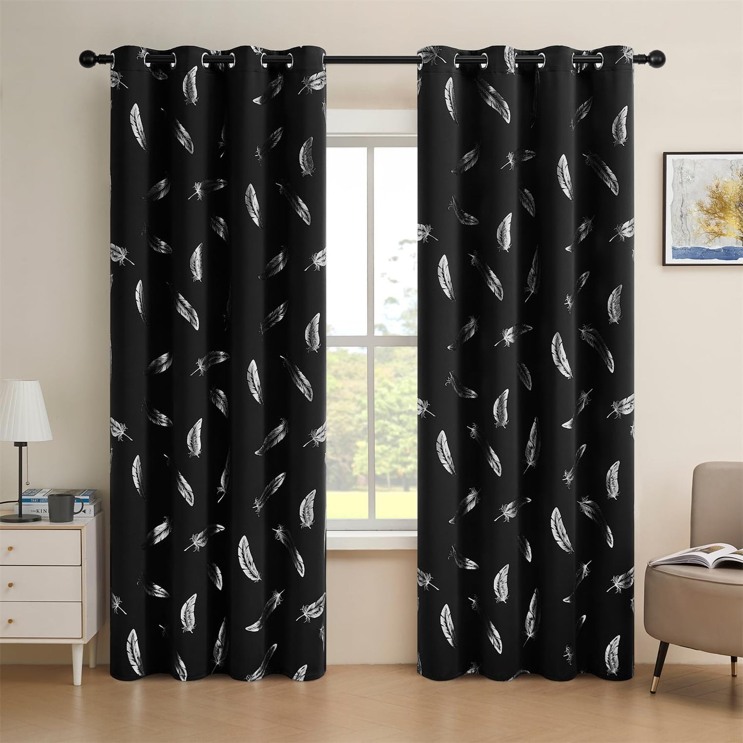 Feather Room Darkening Curtains 2 Panels Set - Thermal Insulated Drapes with Grommet Top for Bedroom